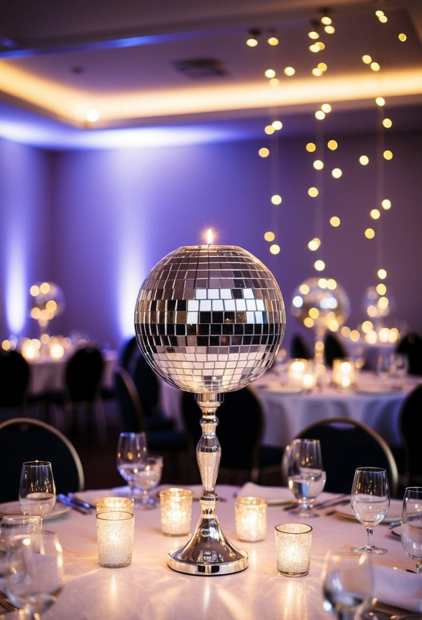 A glittering disco ball candle holder centerpiece illuminates a wedding table, casting sparkling reflections across the room