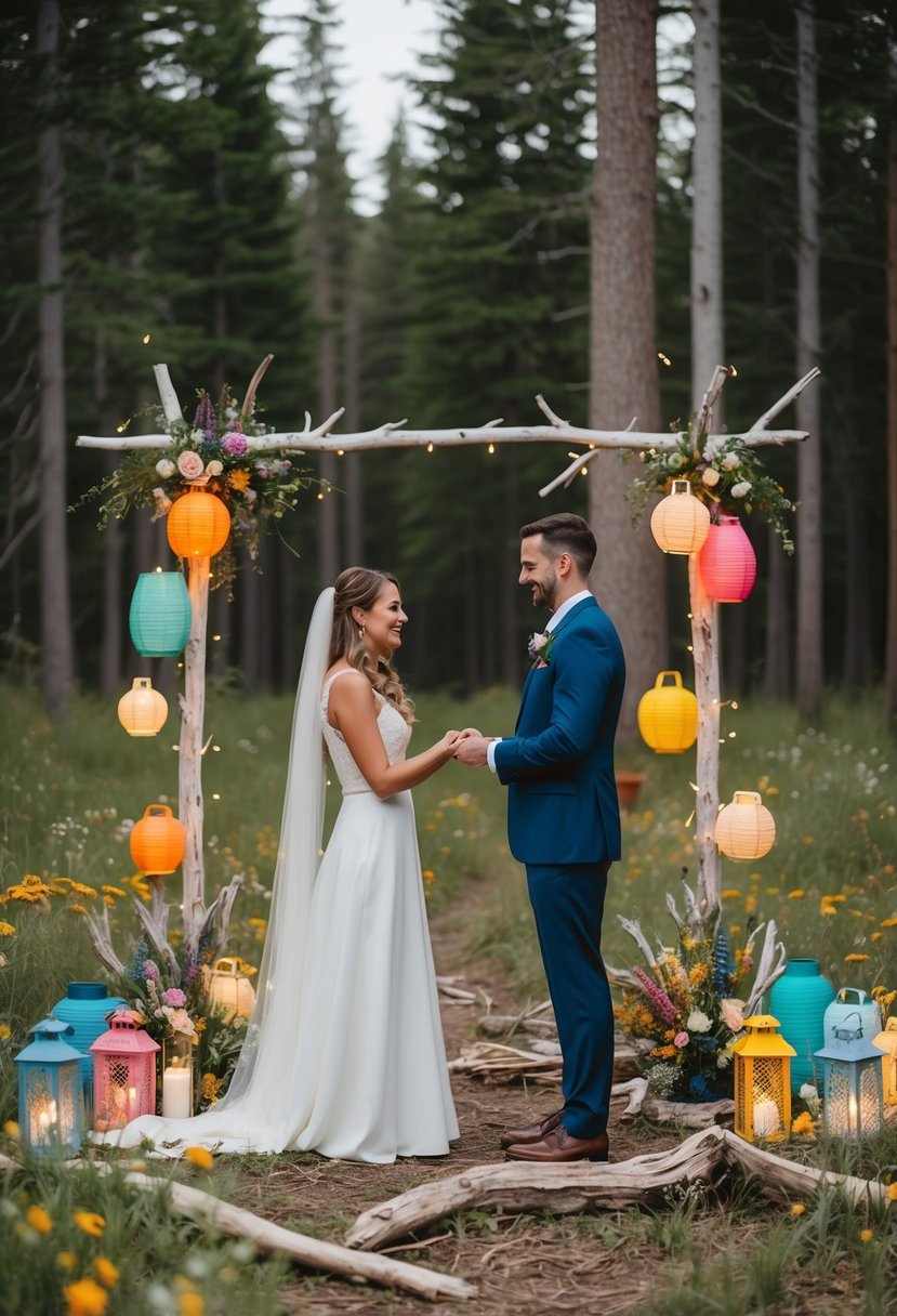 A couple exchanging vows in a forest clearing, surrounded by colorful lanterns and wildflowers, with a non-traditional altar made of driftwood and fairy lights