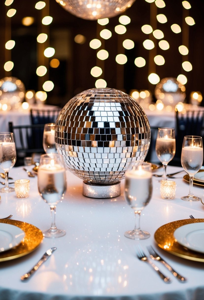 A glittering disco ball centerpiece reflects light across the table, creating a dazzling and festive atmosphere for a wedding celebration