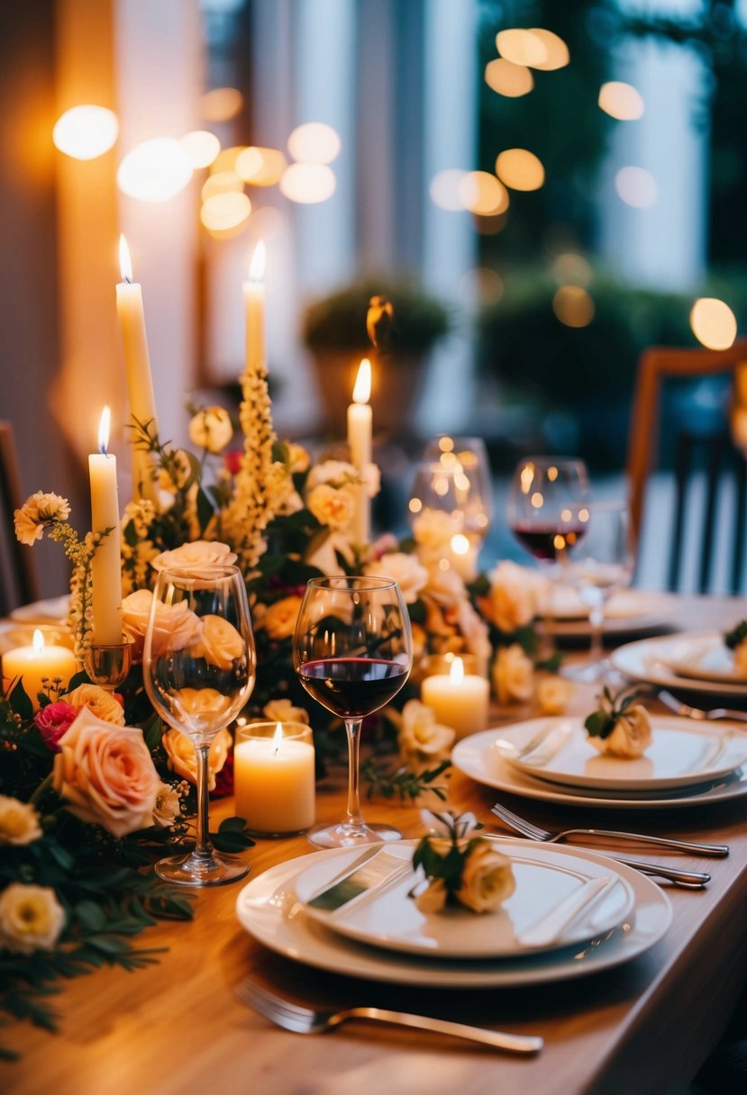 A romantic dinner set up with candles, flowers, and wine on a beautifully decorated table