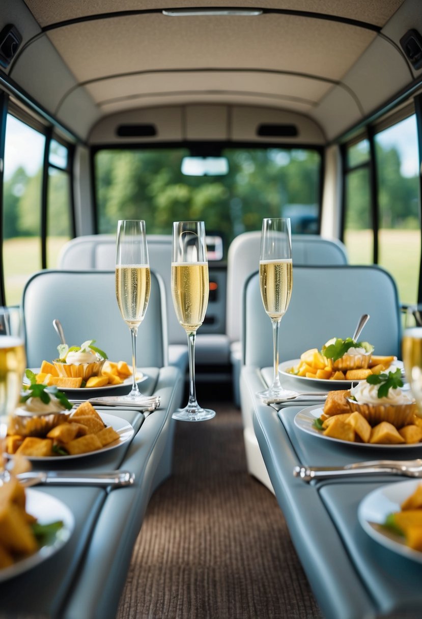 A bus interior with champagne flutes and elegant snacks set up for a non-traditional wedding celebration