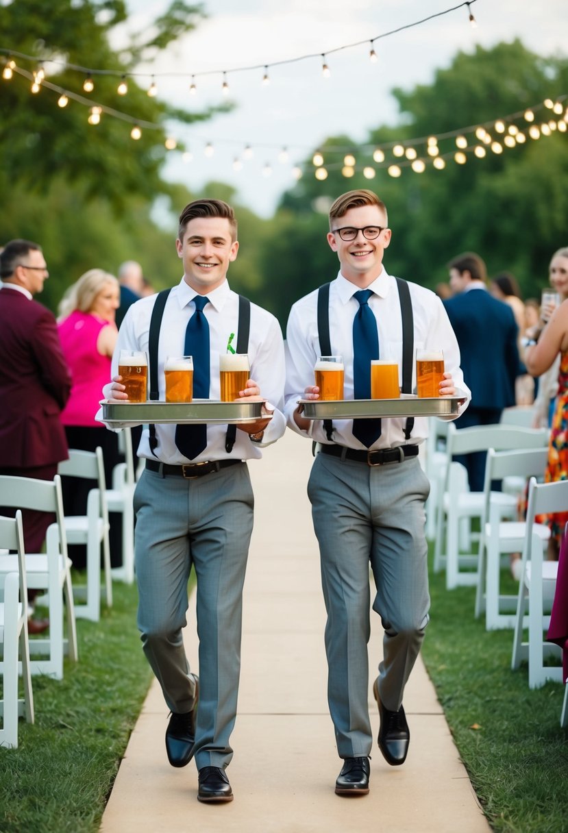 Two beer boys carrying trays of drinks through a non-traditional wedding aisle