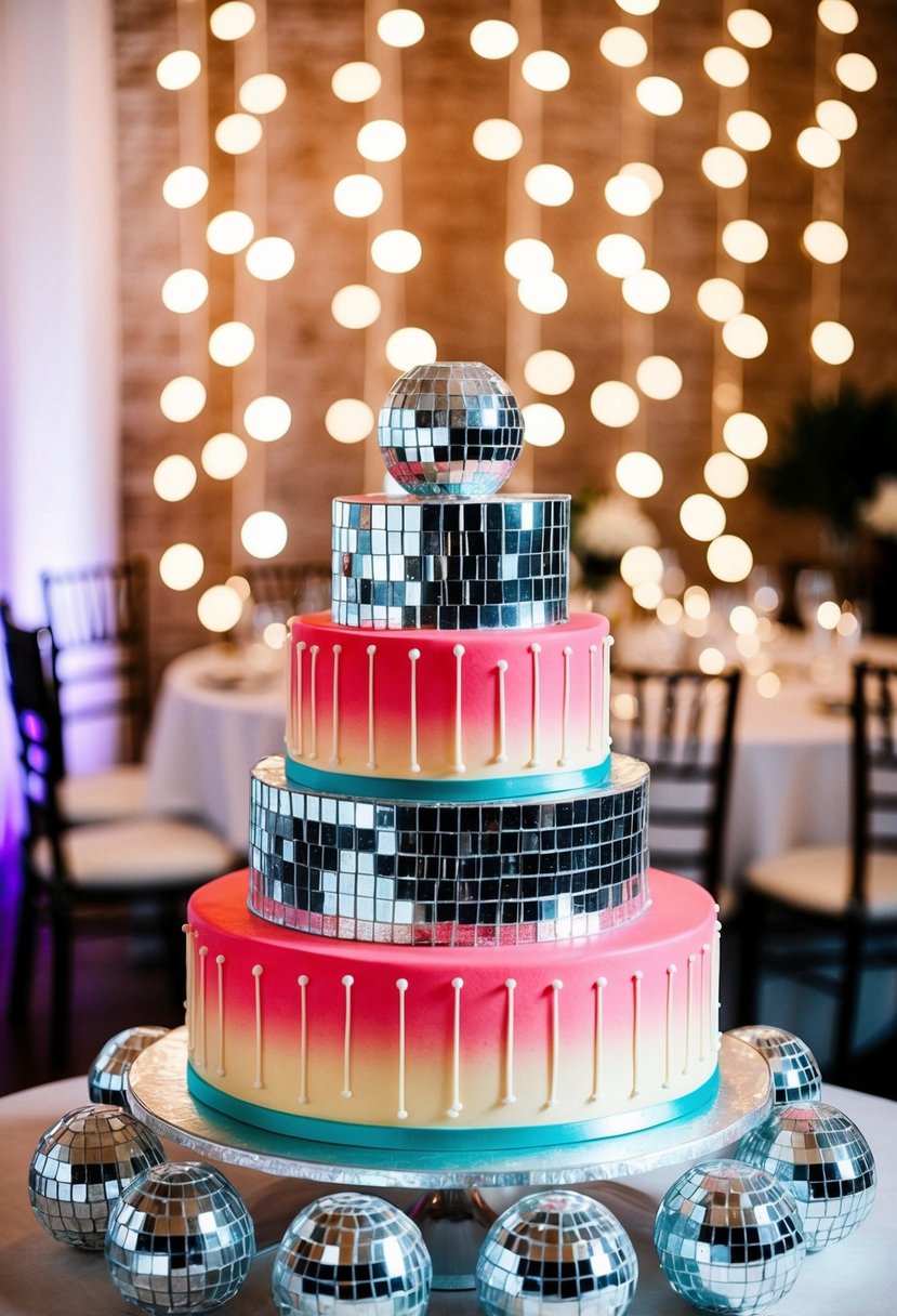 A retro two-tier cake adorned with disco balls, set on a table with more disco balls as wedding decorations