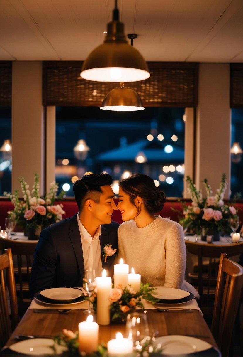 A couple sitting at a candlelit table in a cozy restaurant, surrounded by flowers and soft music playing in the background