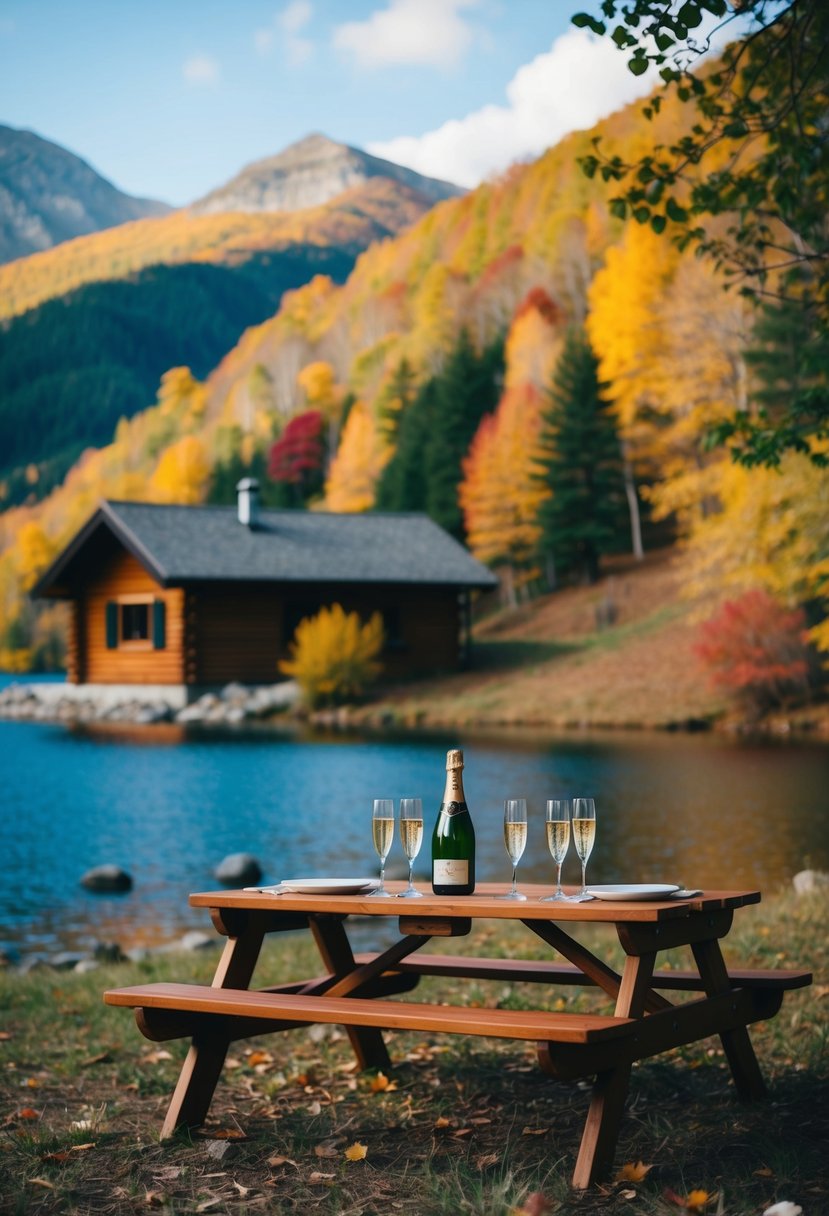 A cozy cabin nestled in the mountains, surrounded by colorful autumn foliage and a serene lake. A picnic table is set with a bottle of champagne and two glasses, waiting for a romantic anniversary celebration