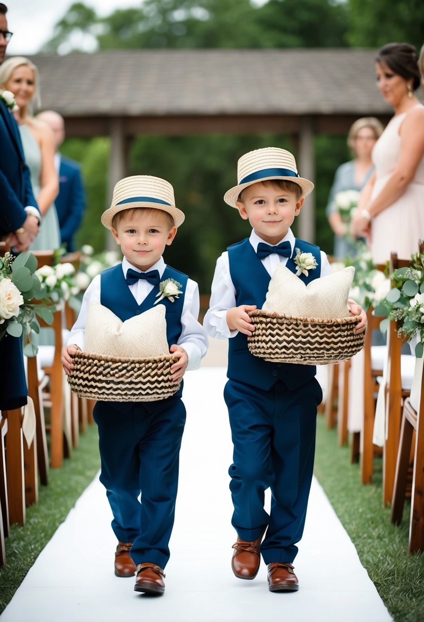 Two young children dressed in stylish attire, holding decorative pillows or baskets, walking down the aisle at a non-traditional wedding