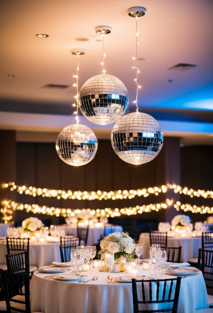 Glowing disco balls hang above elegant wedding tables, casting sparkles of light across the room