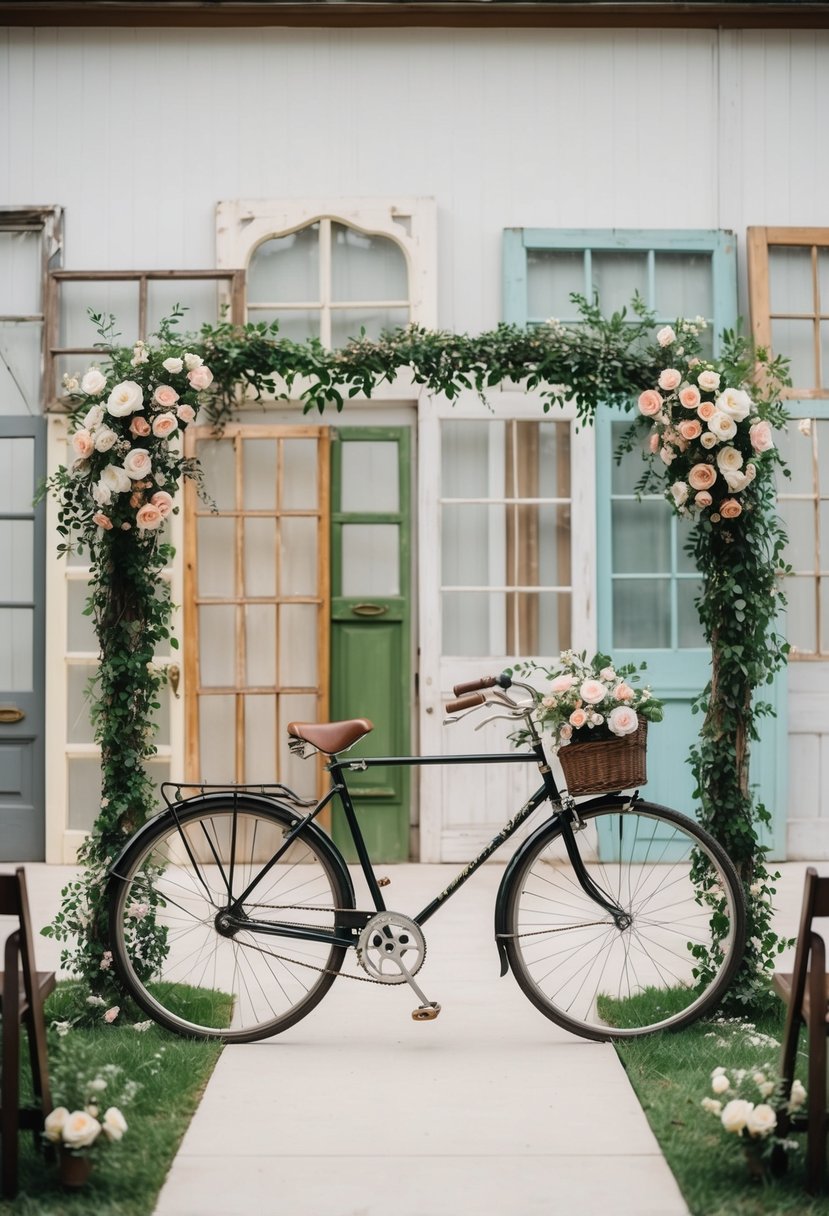 A vintage bicycle adorned with flowers serves as a unique wedding arch. The backdrop features a collection of up-cycled windows and doors, creating a whimsical and non-traditional ceremony setting