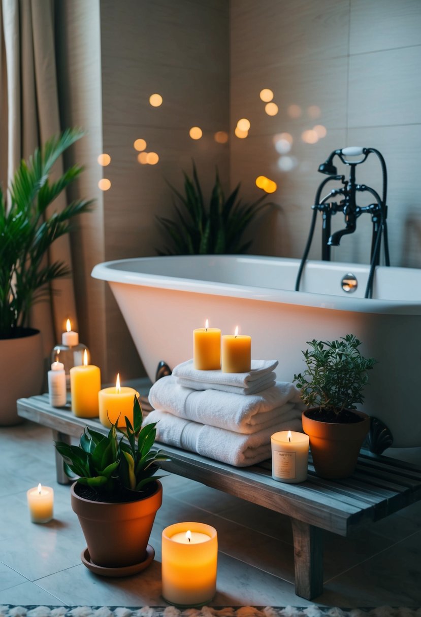 A serene bathroom with flickering candles, fluffy towels, and a steamy bathtub surrounded by potted plants and luxurious bath products