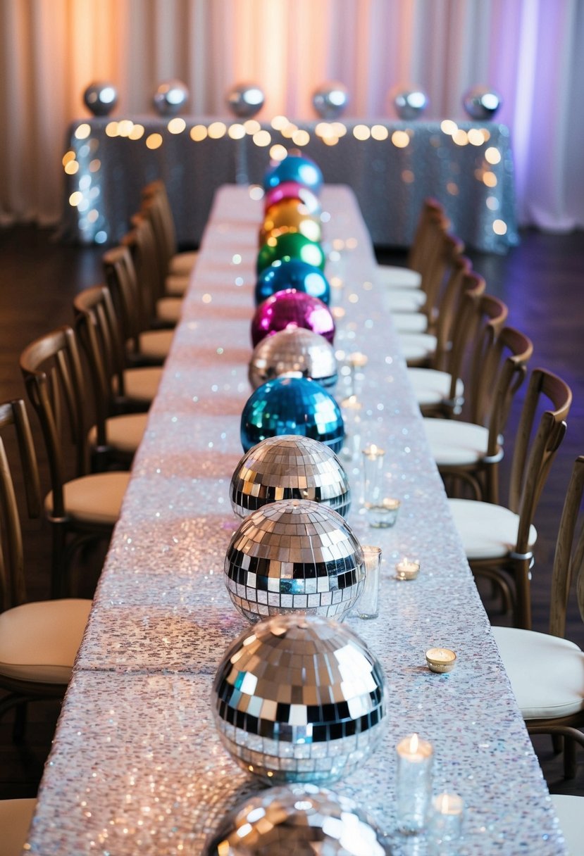 A long table covered in colorful disco ball table runners, reflecting light and creating a festive atmosphere for a wedding celebration