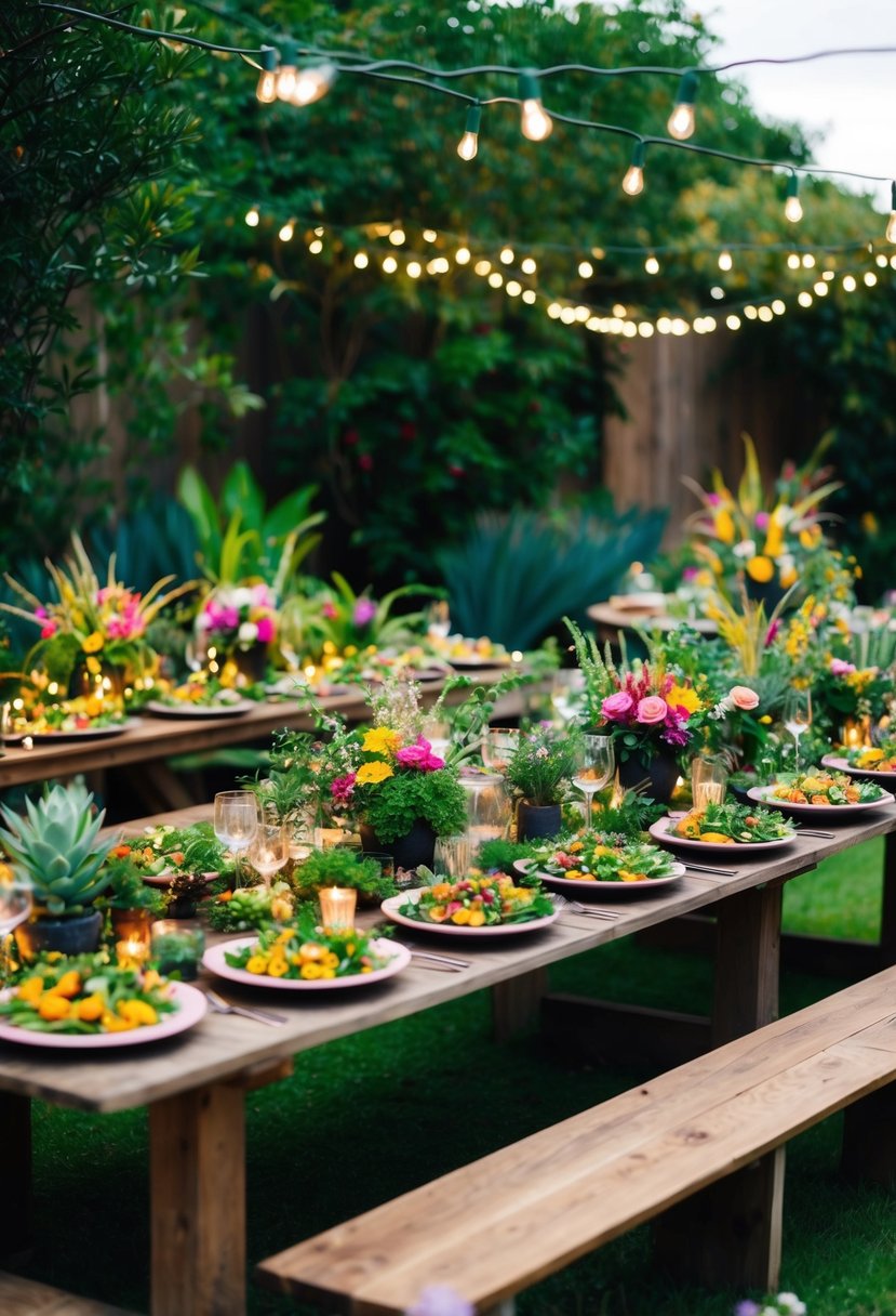 A lush garden setting with a colorful array of plant-based dishes displayed on rustic wooden tables, surrounded by fairy lights and whimsical floral arrangements