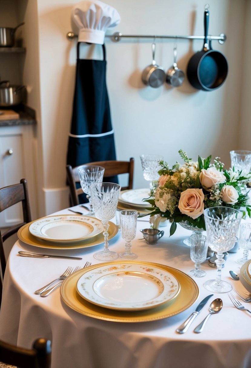 A beautifully set table with fine china, crystal glasses, and a floral centerpiece. A chef's hat and apron hang on the kitchen wall, surrounded by pots and pans