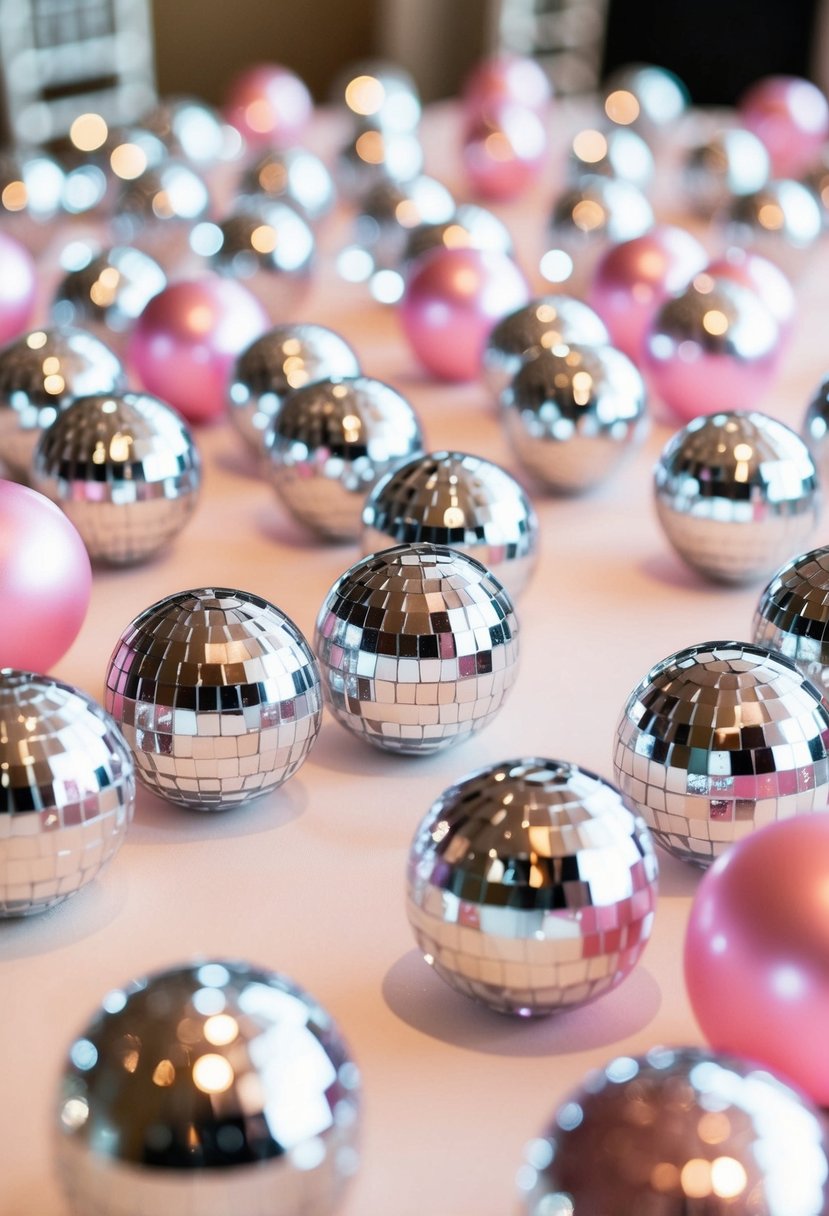 Pastel pink and silver mini disco balls scattered across a wedding table, reflecting light and creating a festive atmosphere