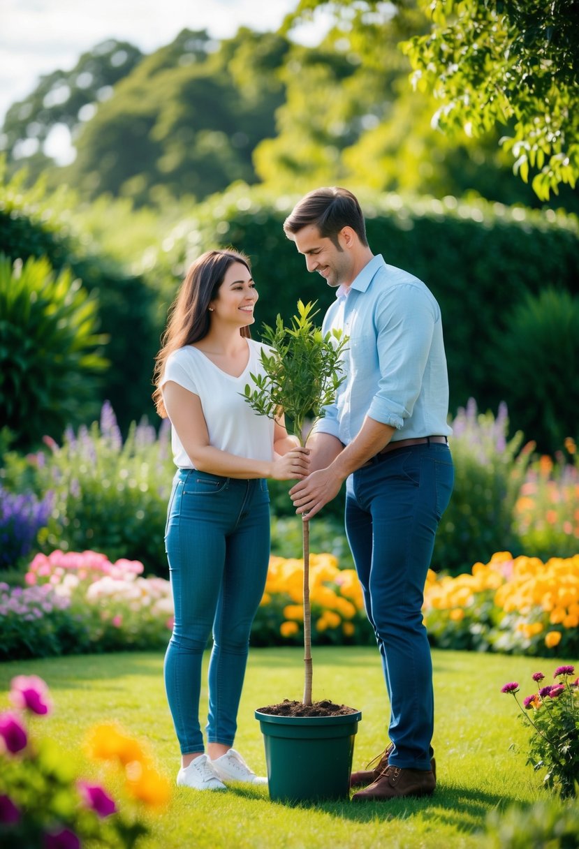 A couple planting a tree together in a lush garden, surrounded by colorful flowers and a serene atmosphere