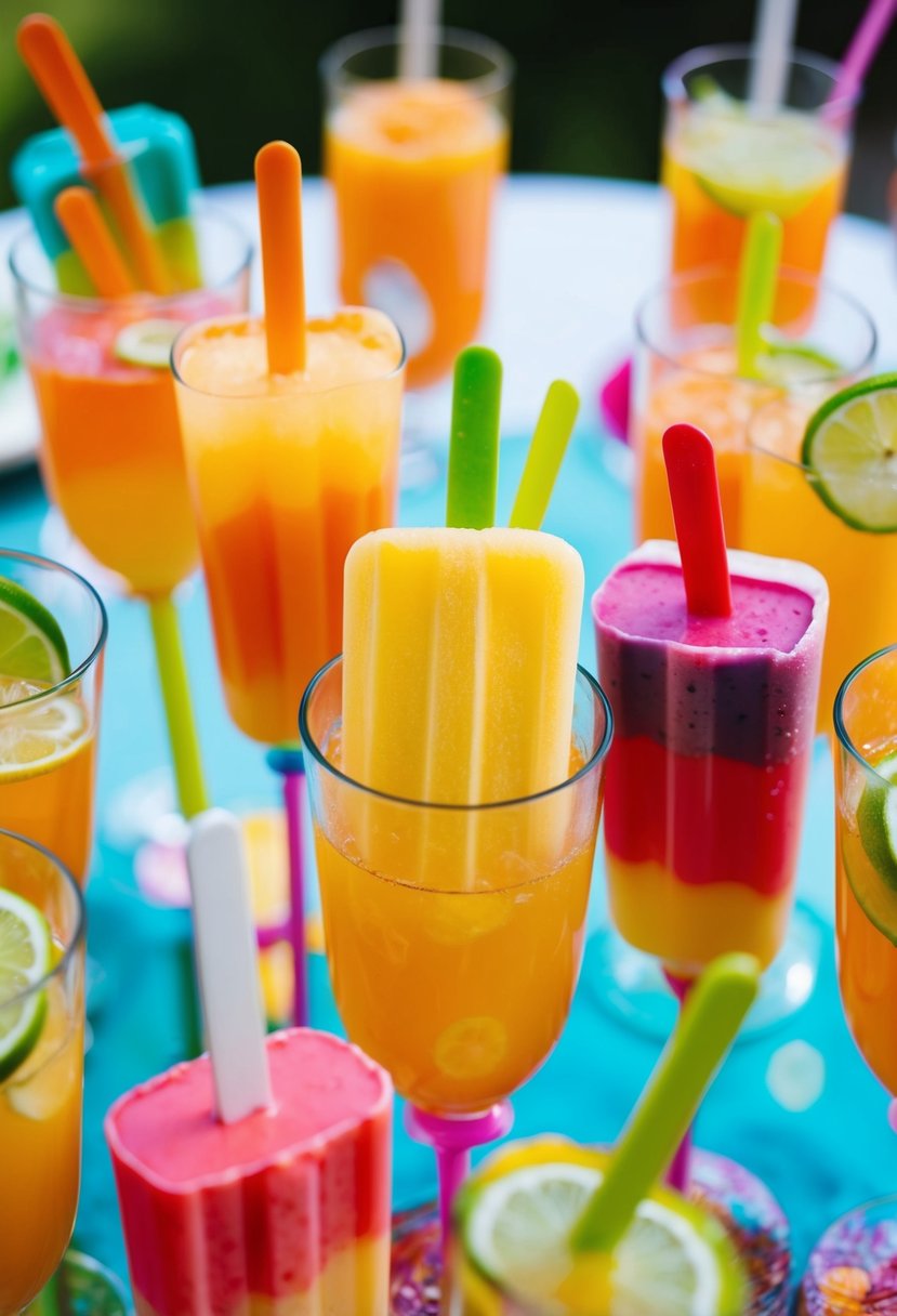 Colorful popsicles float in vibrant citrus drinks at a non-traditional wedding celebration