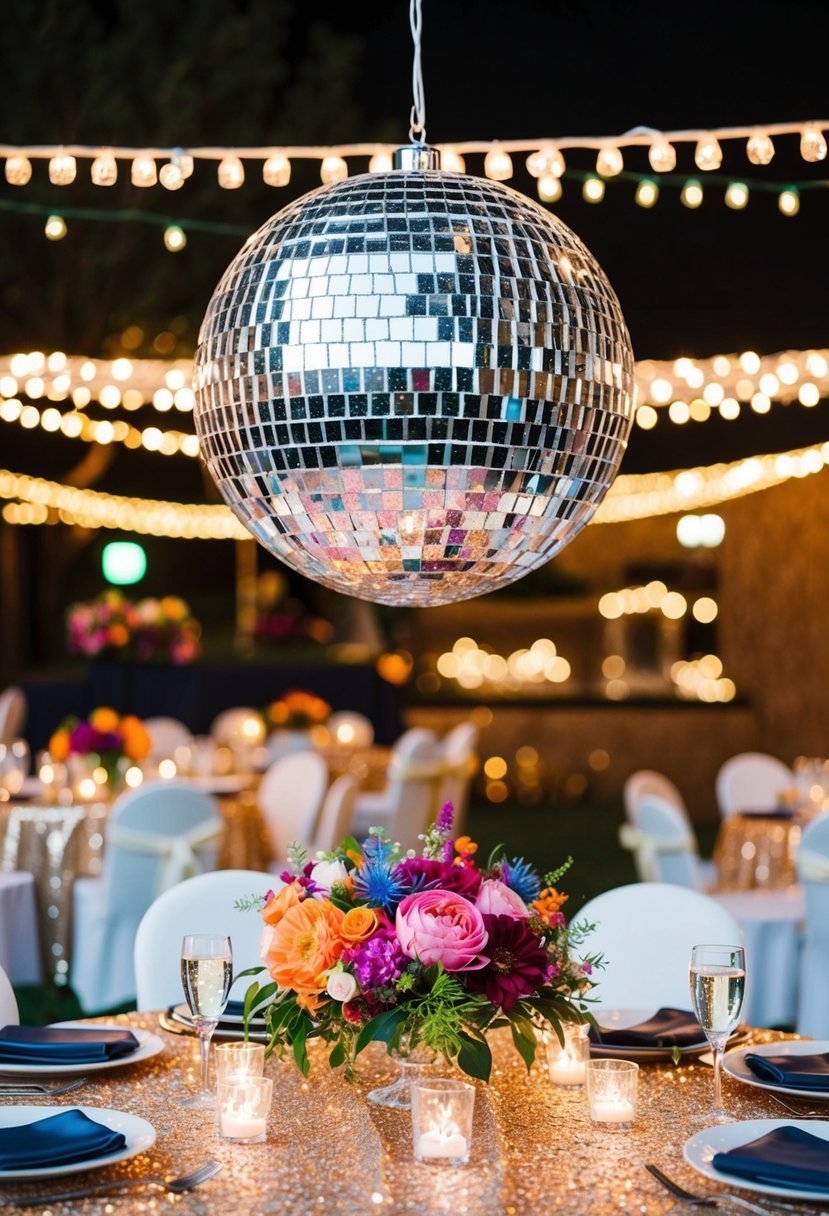 A round disco ball hangs above a sweetheart table adorned with glittering lights, sequined tablecloth, and vibrant floral centerpieces