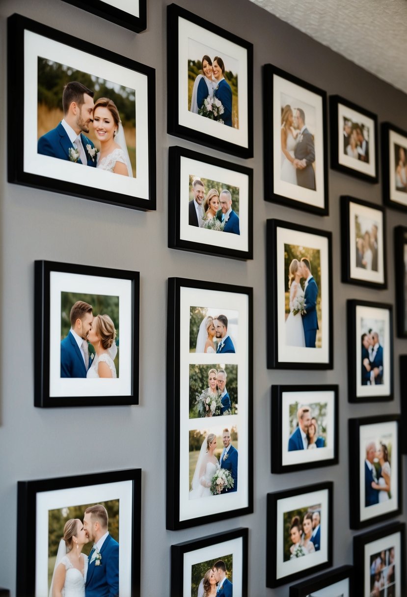 A wall adorned with framed photos of couples, capturing special moments from their 24 years of marriage