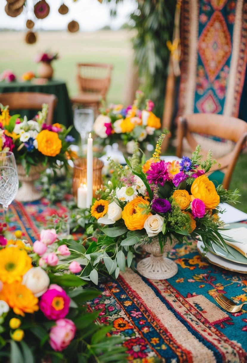 A lush, bohemian wedding with colorful floral crowns, vintage rugs, and eclectic decor