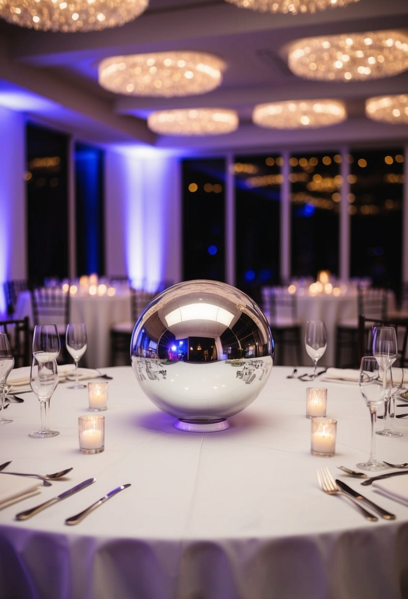 A round mirror ball with LED lights sits atop a wedding table, casting shimmering reflections across the room