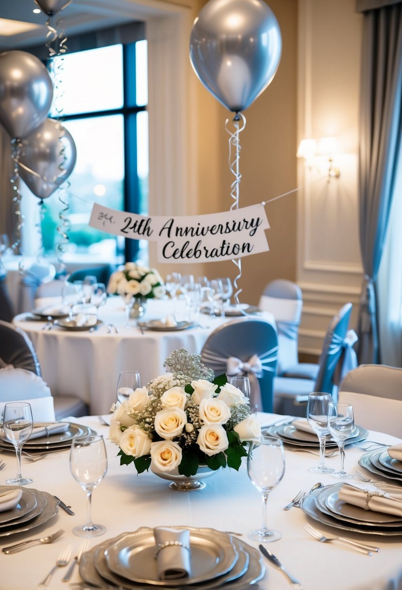 A table set with elegant dinnerware and a centerpiece of silver and white roses. Silver balloons and streamers adorn the room, while a banner reads "24th Anniversary Celebration."