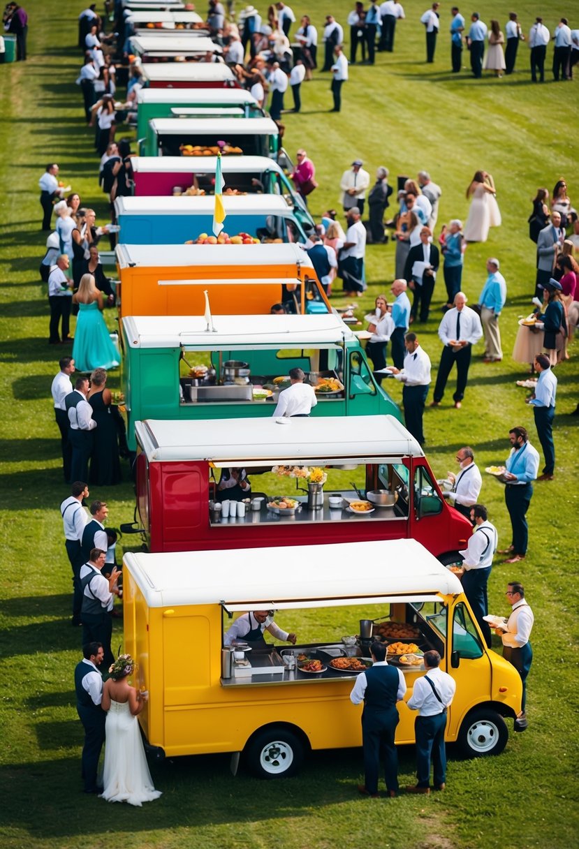 Colorful food trucks line a grassy field, serving up unique dishes to a crowd of wedding guests. The aroma of sizzling meats and spices fills the air