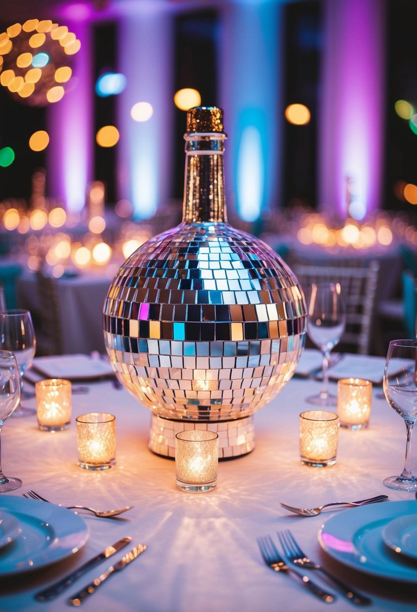 A sparkling disco ball bottle centerpiece shines on a wedding table, reflecting colorful lights and adding a festive touch to the celebration