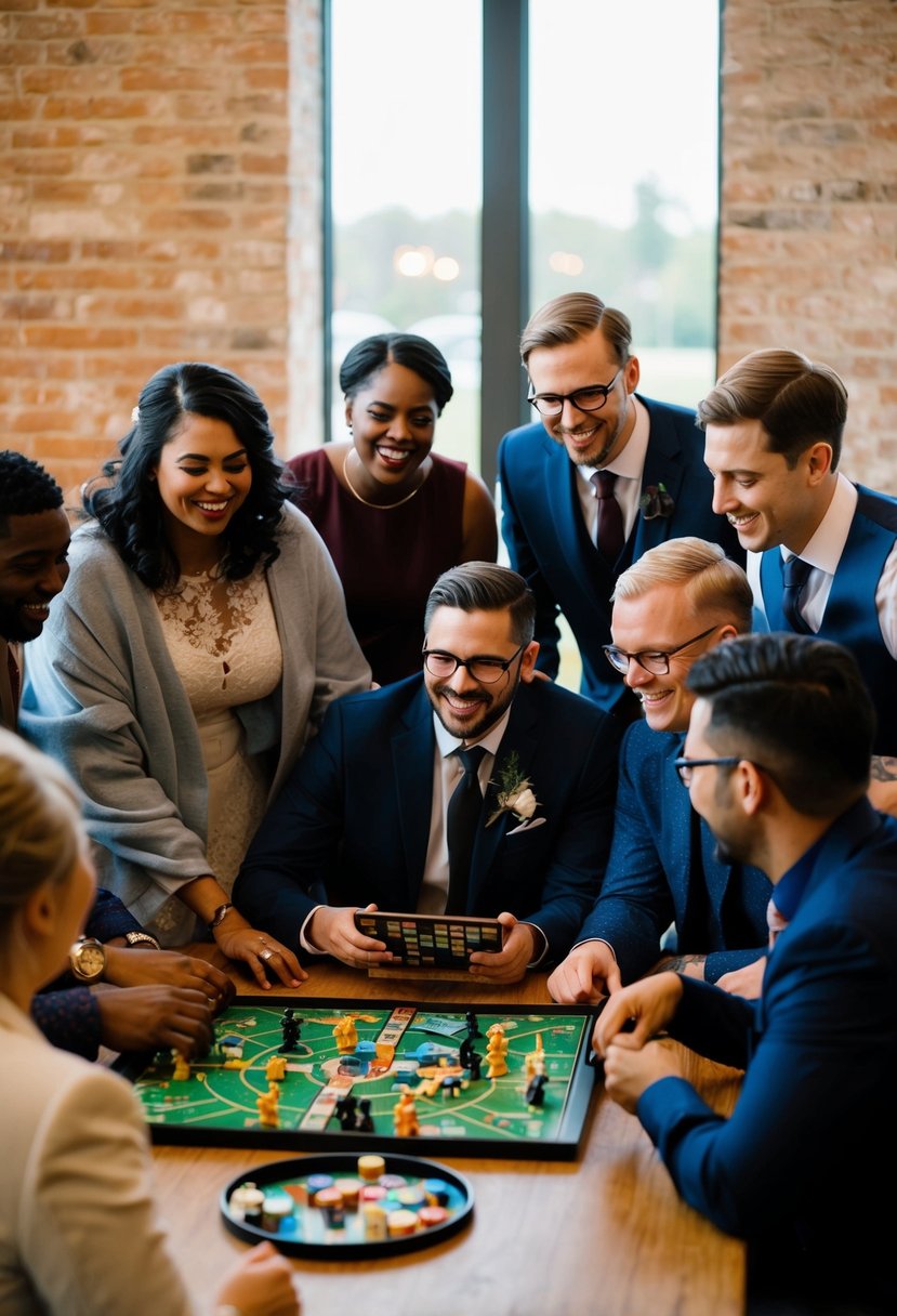 A group of diverse people gather around a board games table at a non-traditional wedding, laughing and socializing