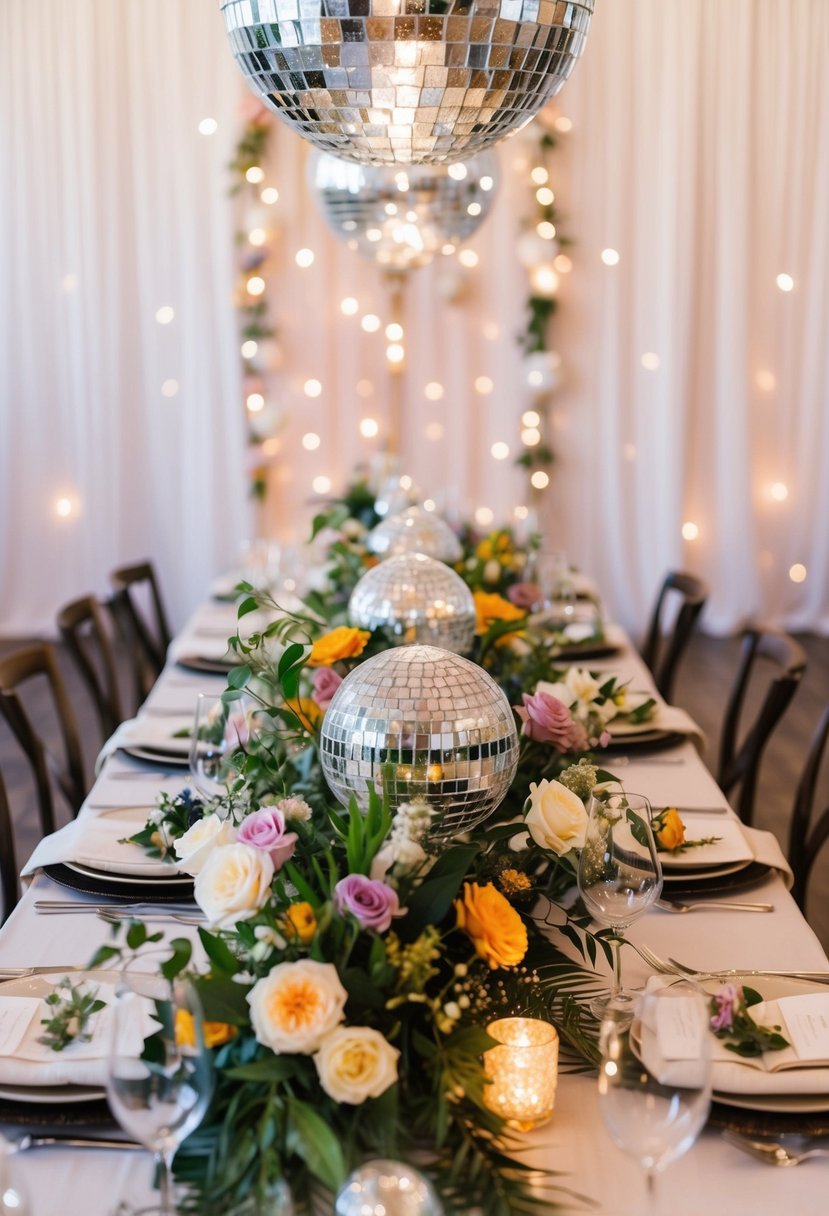 A table adorned with boho florals and sparkling disco balls, creating a unique and whimsical wedding decoration