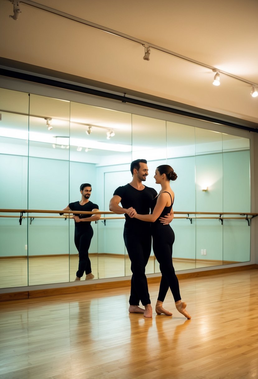 A dance studio with a mirrored wall, ballet barre, and hardwood floors. A couple gracefully moves across the room, surrounded by soft lighting and music