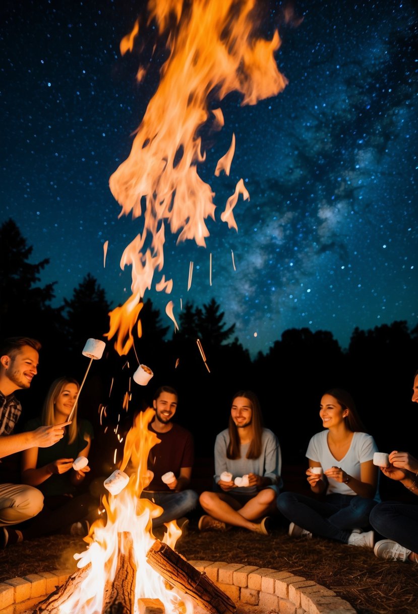 A crackling bonfire surrounded by a circle of friends roasting marshmallows and assembling s'mores under the starry night sky