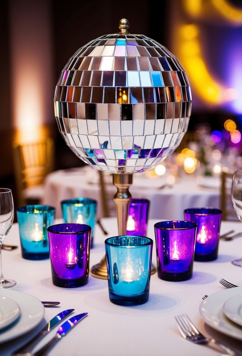 Iridescent votive holders reflect colorful light from a disco ball centerpiece on a wedding reception table