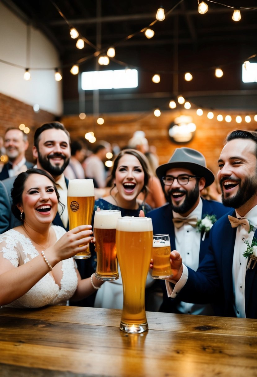 A lively brewery celebration with beer lovers enjoying non-traditional wedding festivities