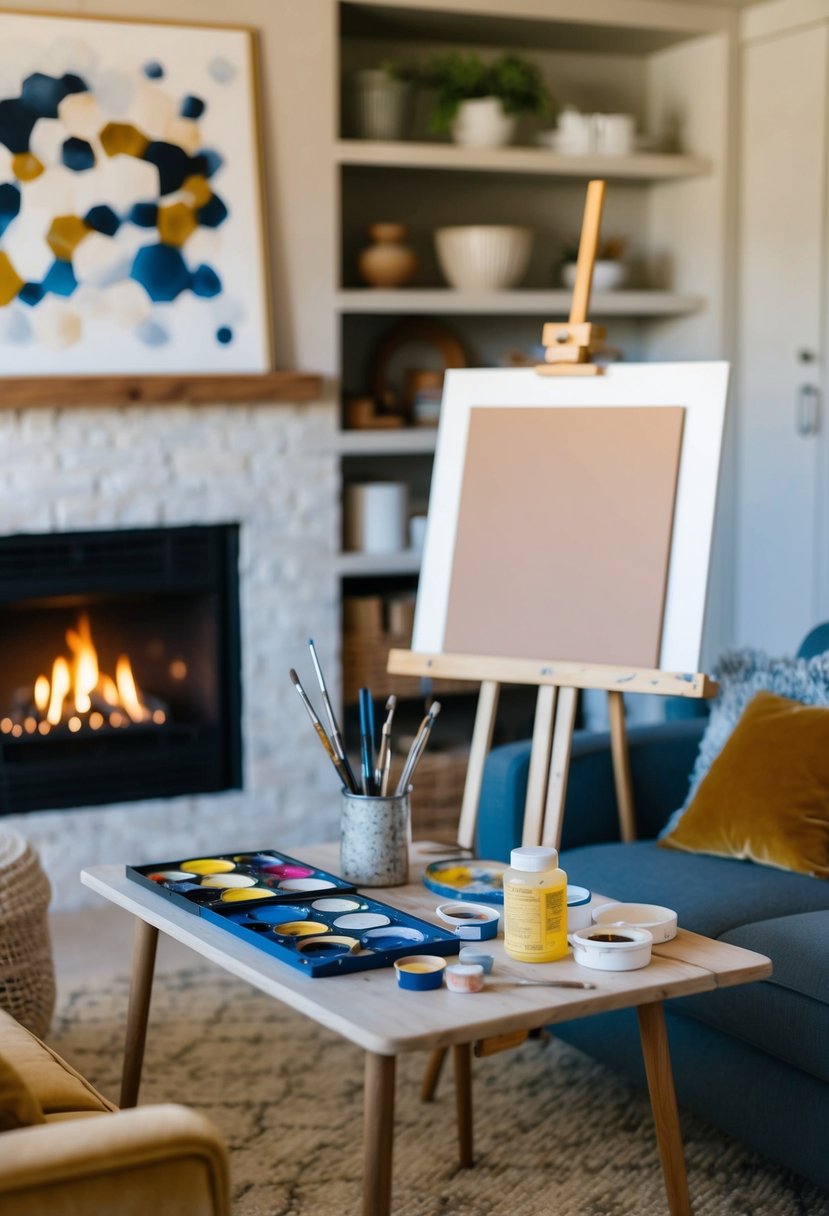 A cozy living room with a crackling fireplace, a table set with paint supplies, and a canvas on an easel