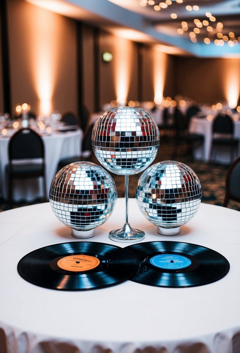 Vinyl record table chargers with disco balls arranged as wedding table decorations