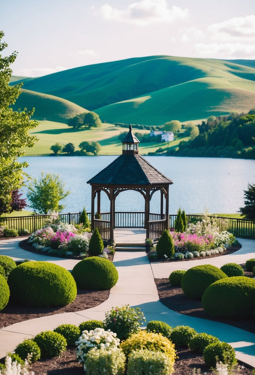 A picturesque wedding venue with blooming gardens and a charming gazebo, surrounded by rolling hills and a serene lake