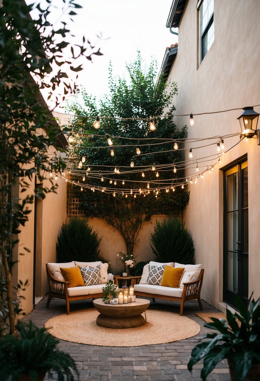 An outdoor courtyard with a small, non-traditional wedding setup. String lights, bohemian decor, and a cozy seating area for an intimate gathering