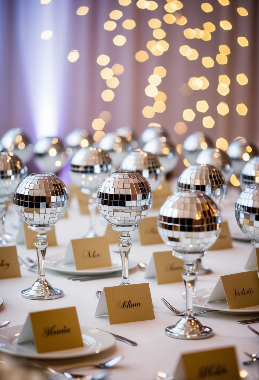 Mini disco balls arranged on wedding place cards, reflecting light and creating a festive atmosphere