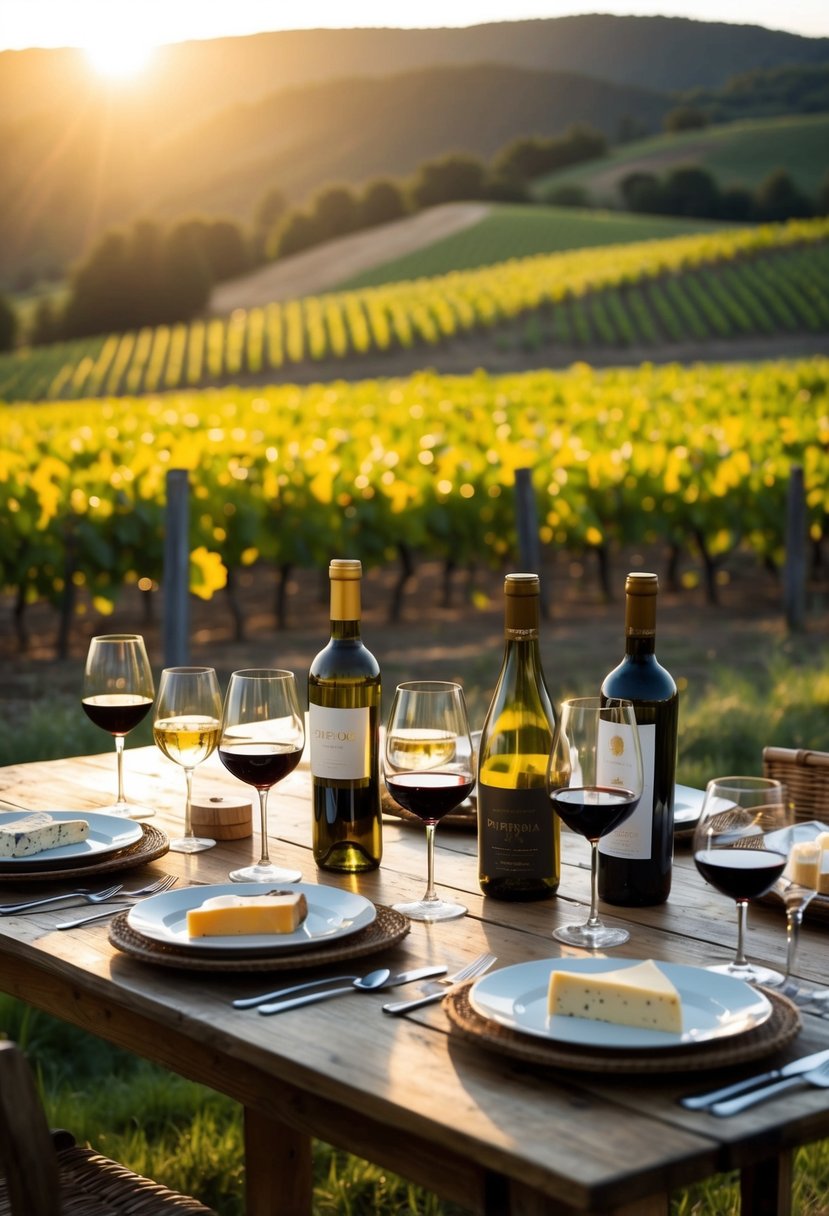 A rustic table set with an assortment of fine wines and cheeses, surrounded by vineyards and rolling hills under a golden sunset