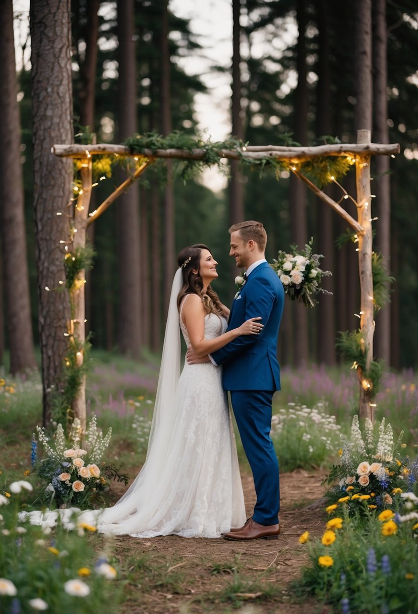 A couple exchanging vows in a secluded forest clearing, surrounded by wildflowers and twinkling fairy lights