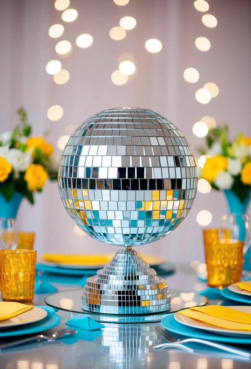 A retro stationery set featuring a mirror ball design, used as a centerpiece for a disco-themed wedding table decoration