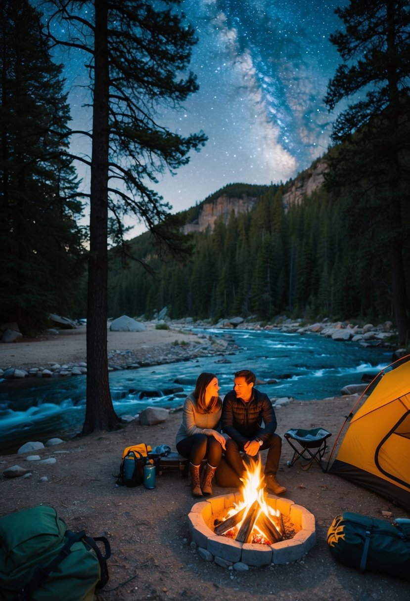 A couple sits by a campfire under the stars, surrounded by towering trees and a flowing river, while a tent and hiking gear lay nearby