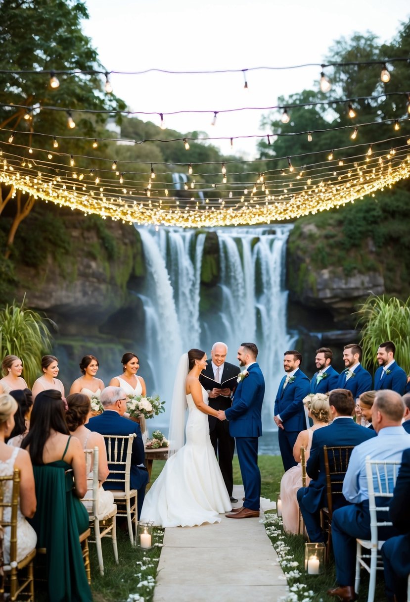 An outdoor wedding under a canopy of twinkling fairy lights, with guests seated on mismatched vintage chairs, and the couple exchanging vows in front of a stunning backdrop of cascading waterfalls