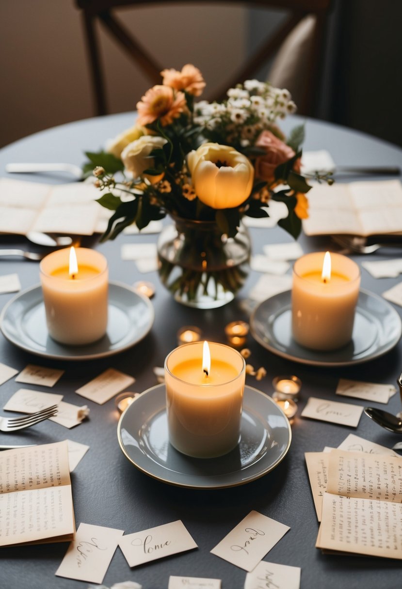 A cozy table set for two, with candles and flowers, surrounded by love letters scattered across the surface