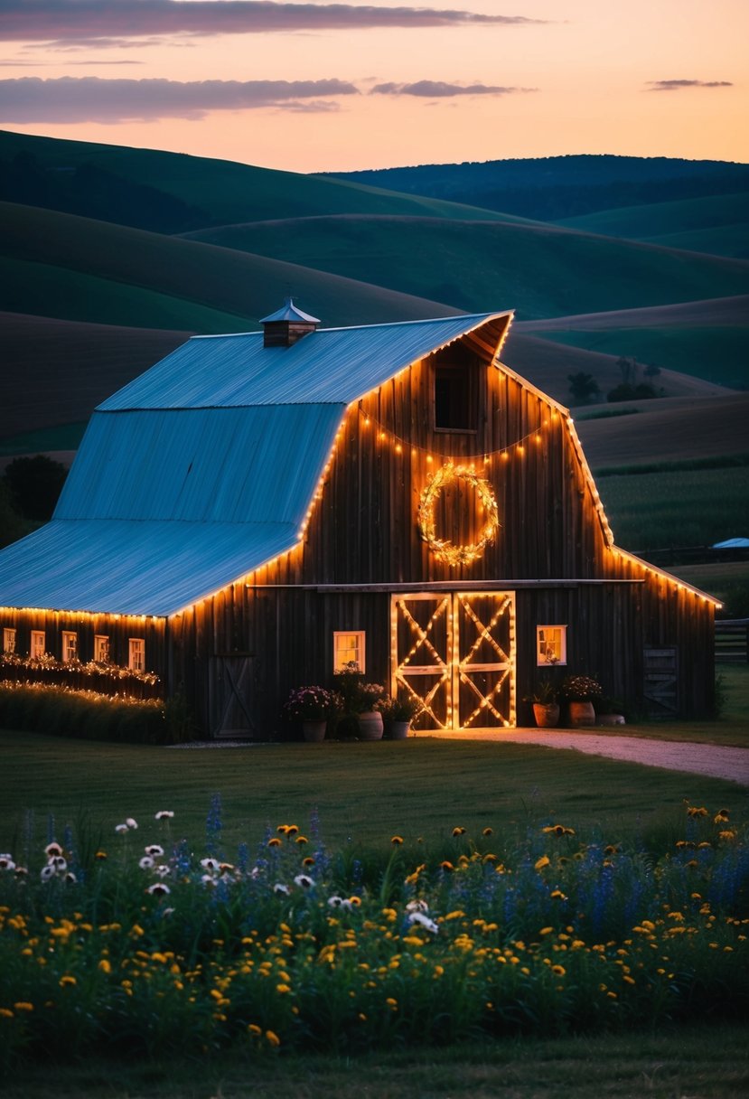 A rustic barn adorned with fairy lights and wildflowers, set against a backdrop of rolling hills and a colorful sunset