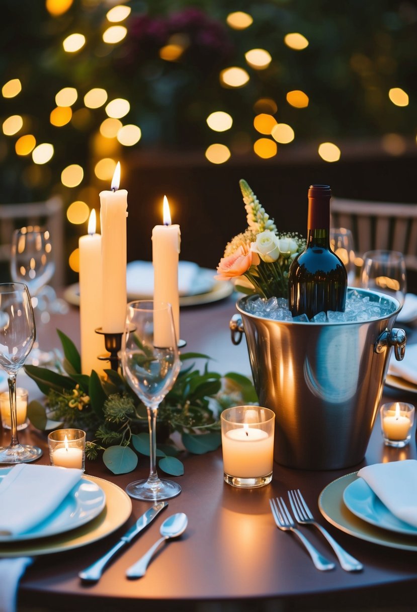 A candlelit table with elegant place settings, a bouquet of fresh flowers, and a bottle of wine chilling in an ice bucket