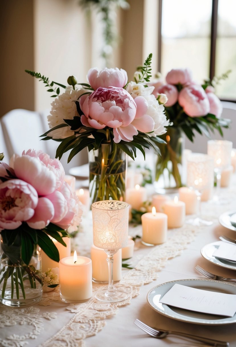 A table adorned with peony centerpieces, candles, and delicate lace, creating a romantic and elegant wedding setting