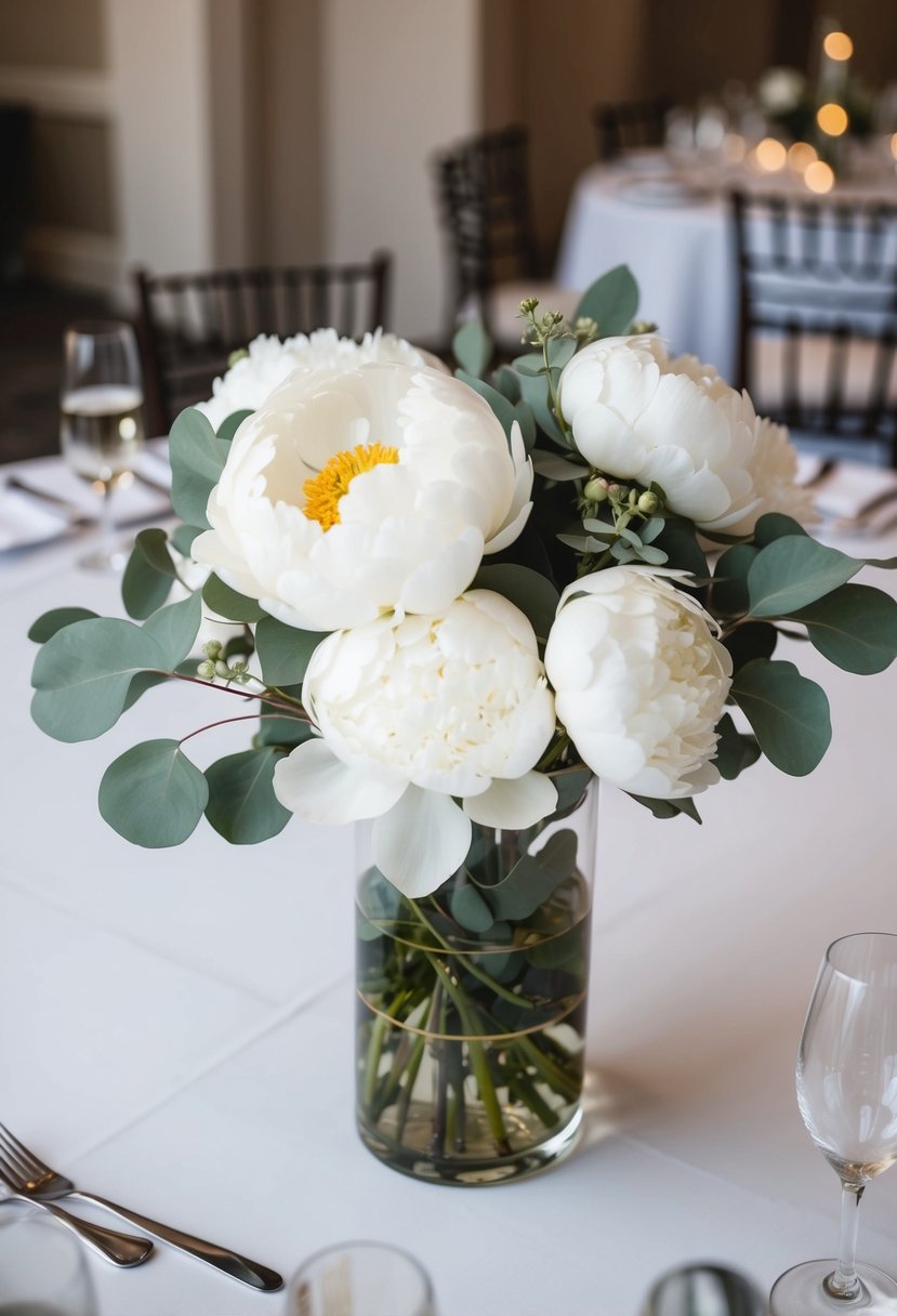 A vase filled with white peonies and eucalyptus leaves sits on a wedding reception table