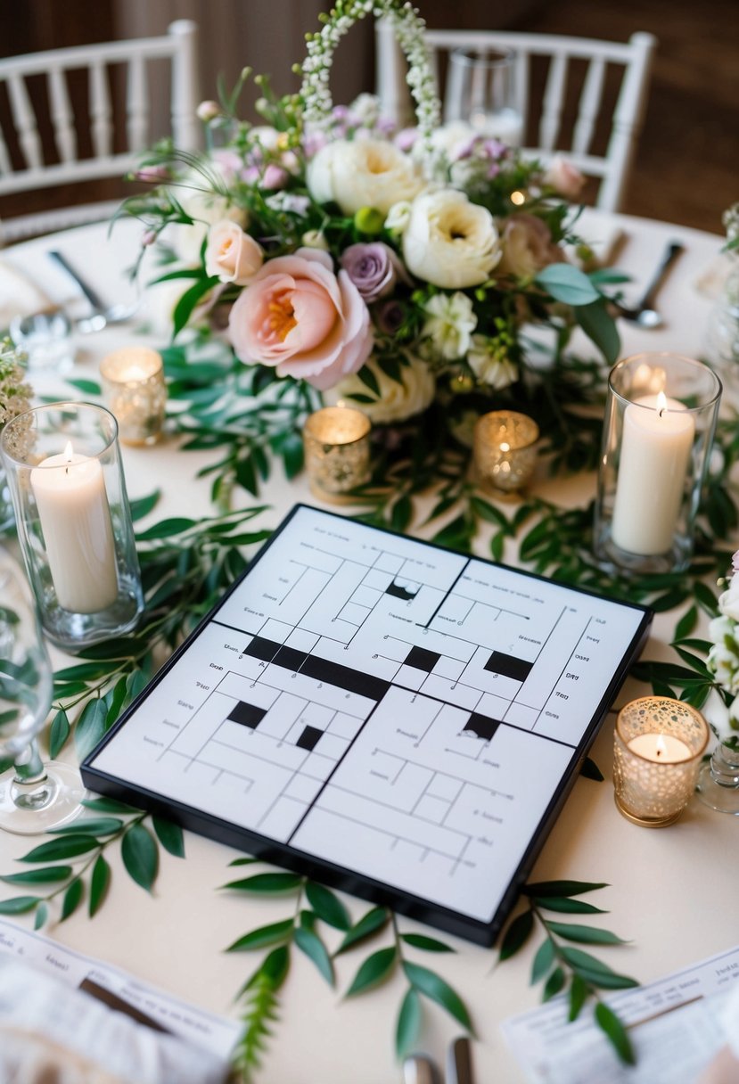 A wedding crossword puzzle with romantic and celebratory clues, surrounded by elegant floral decorations and placed on a beautifully adorned table