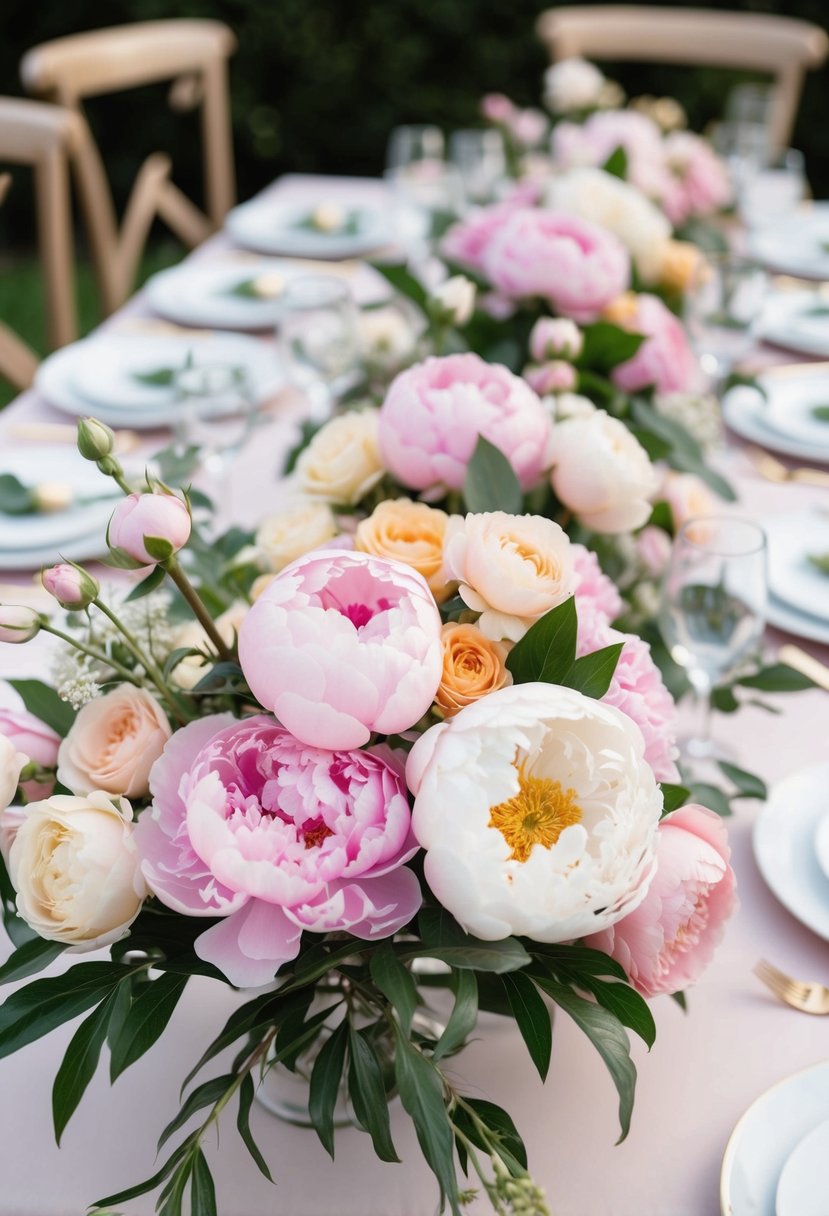 A table adorned with pastel peonies and roses in a mix of colors, creating a soft and romantic wedding decoration