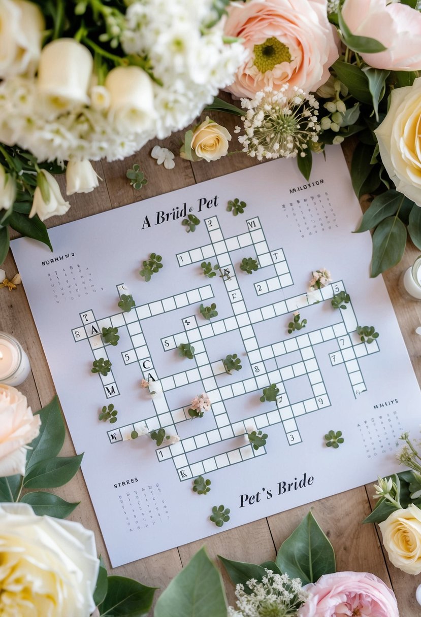 A bride's pet's name is scattered across a wedding-themed crossword puzzle, surrounded by floral decorations and wedding symbols